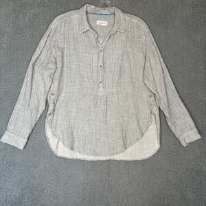 Anthropologie Striped Gauze Tunic Top Blue White Side Button Relaxed Large L